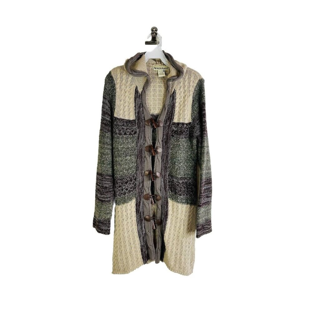 Vintage 90s Patchwork Toggle Hooded Cardigan Swea… - image 1